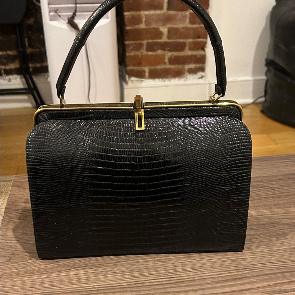 Classic Black Crocodile-Embossed Satchel